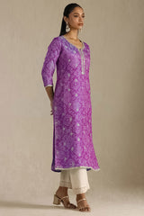 Women's Purple Tissue Bandhani Print Kurta With Mirror Work