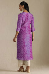 Women's Purple Tissue Bandhani Print Kurta With Mirror Work