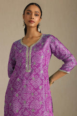 Women's Purple Tissue Bandhani Print Kurta With Mirror Work
