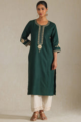 Women's Green Viscose Blend Embroidered Kurta With Zari