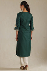 Women's Green Viscose Blend Embroidered Kurta With Zari