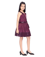 Girls Purple Party Square Neck Above Knee Texture Sleeveless Dress