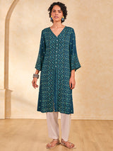 Women's Blue Casual Printed Three Quarter Sleeves Kurta