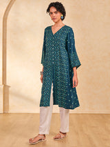 Women's Blue Casual Printed Three Quarter Sleeves Kurta