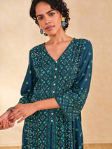 Women's Blue Casual Printed Three Quarter Sleeves Kurta