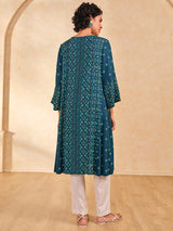 Women's Blue Casual Printed Three Quarter Sleeves Kurta