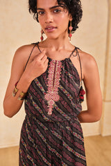 Women's Black Casual Printed Sleeveless Jumpsuits