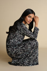 Women's Grey Printed Full Sleeves Dress