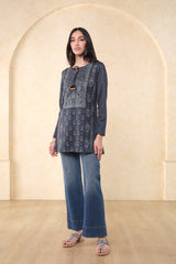 Women's Blue Casual Printed Full Sleeves Kurti