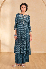 Women's Blue Casual Printed Three Quarter Sleeves Kurta