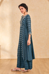 Women's Blue Casual Printed Three Quarter Sleeves Kurta