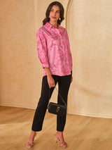 Women's Pink Casual Regular Fit Printed Three Quarter Sleeves Tops