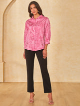 Women's Pink Casual Regular Fit Printed Three Quarter Sleeves Tops