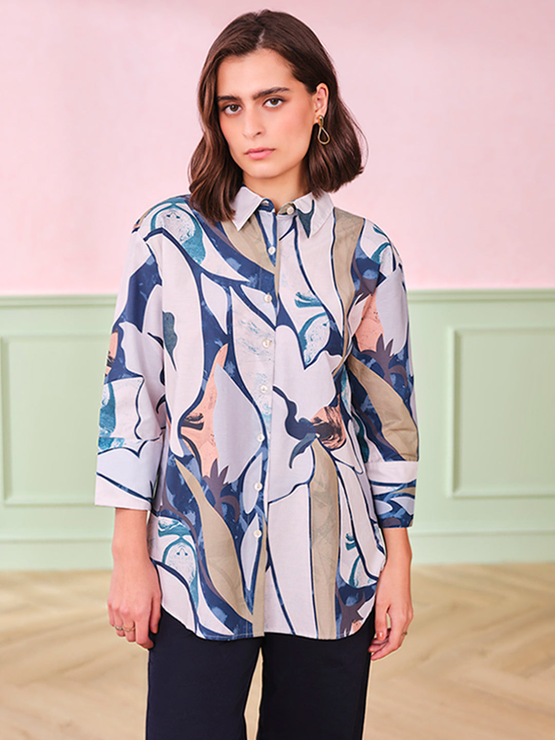 Women's Gray Casual Regular Fit Printed Three Quarter Sleeves Tops