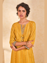 Women's Yellow Daily Printed Three Quarter Sleeves Kurta Set