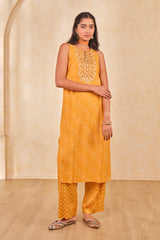 Women's Yellow Daily Printed Sleeveless Kurta Set