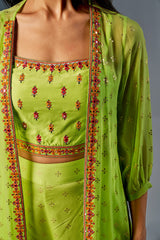 Women's Green Fusion Embroidered Full Sleeves Kurta Set