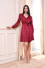 Women's Red Party Regular Fit Printed Full Sleeves Dress