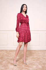 Women's Red Party Regular Fit Printed Full Sleeves Dress