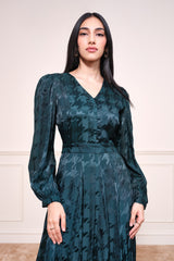 Women's Green Party Regular Fit Printed Full Sleeves Dress