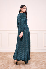Women's Green Party Regular Fit Printed Full Sleeves Dress