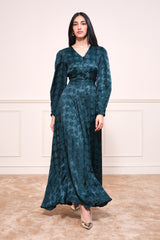 Women's Green Party Regular Fit Printed Full Sleeves Dress