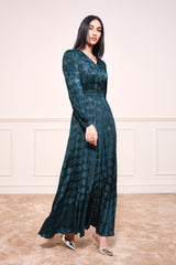 Women's Green Party Regular Fit Printed Full Sleeves Dress