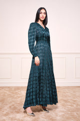 Women's Green Party Regular Fit Printed Full Sleeves Dress