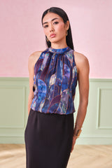 Women's Blue Party Regular Fit Printed Sleeveless Tops