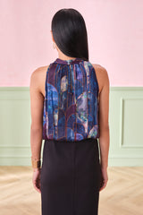 Women's Blue Party Regular Fit Printed Sleeveless Tops