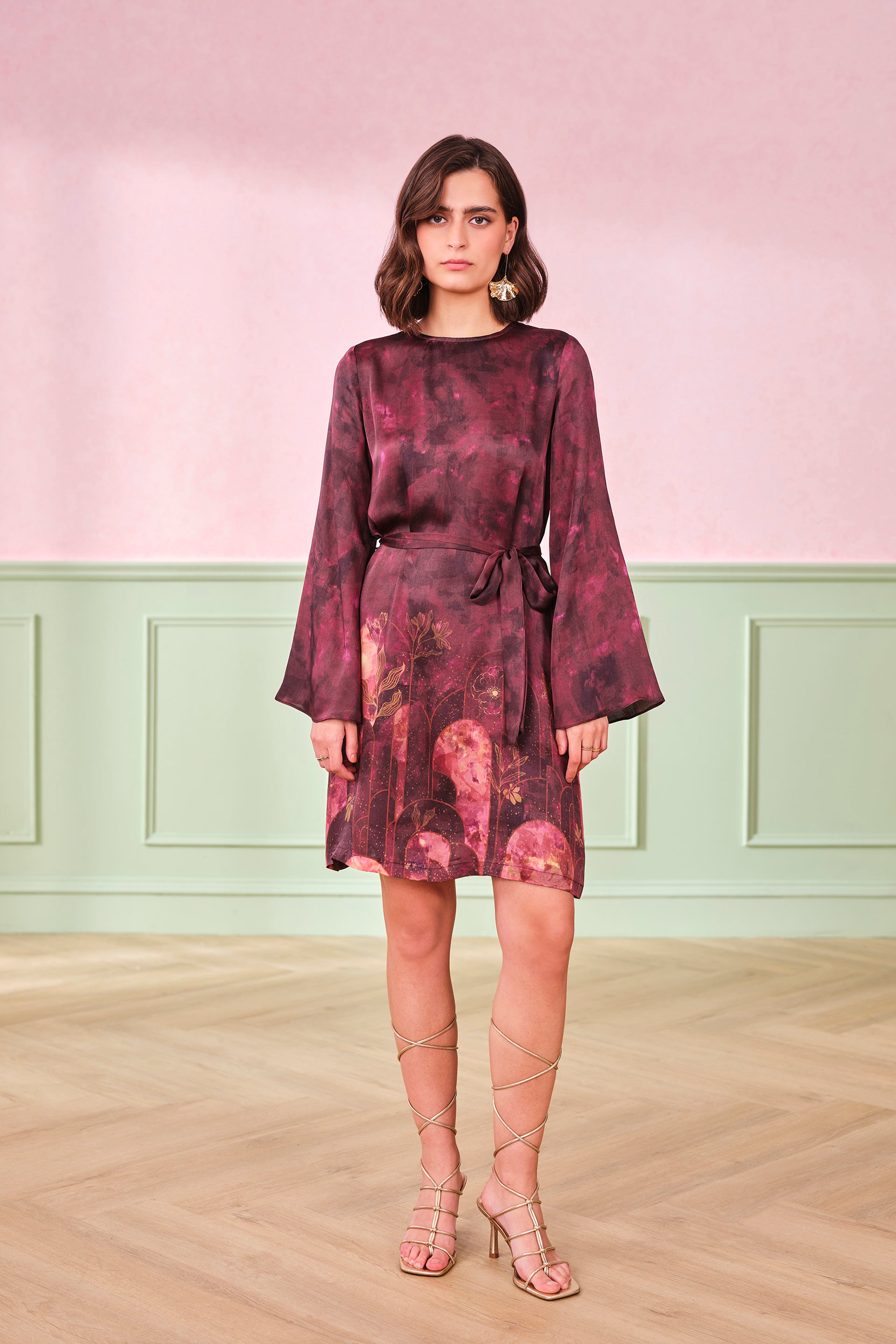 Women's Red Party Regular Fit Printed Full Sleeves Dress