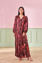 Women's Red Party Regular Fit Printed Full Sleeves Dress