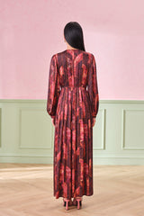Women's Red Party Regular Fit Printed Full Sleeves Dress