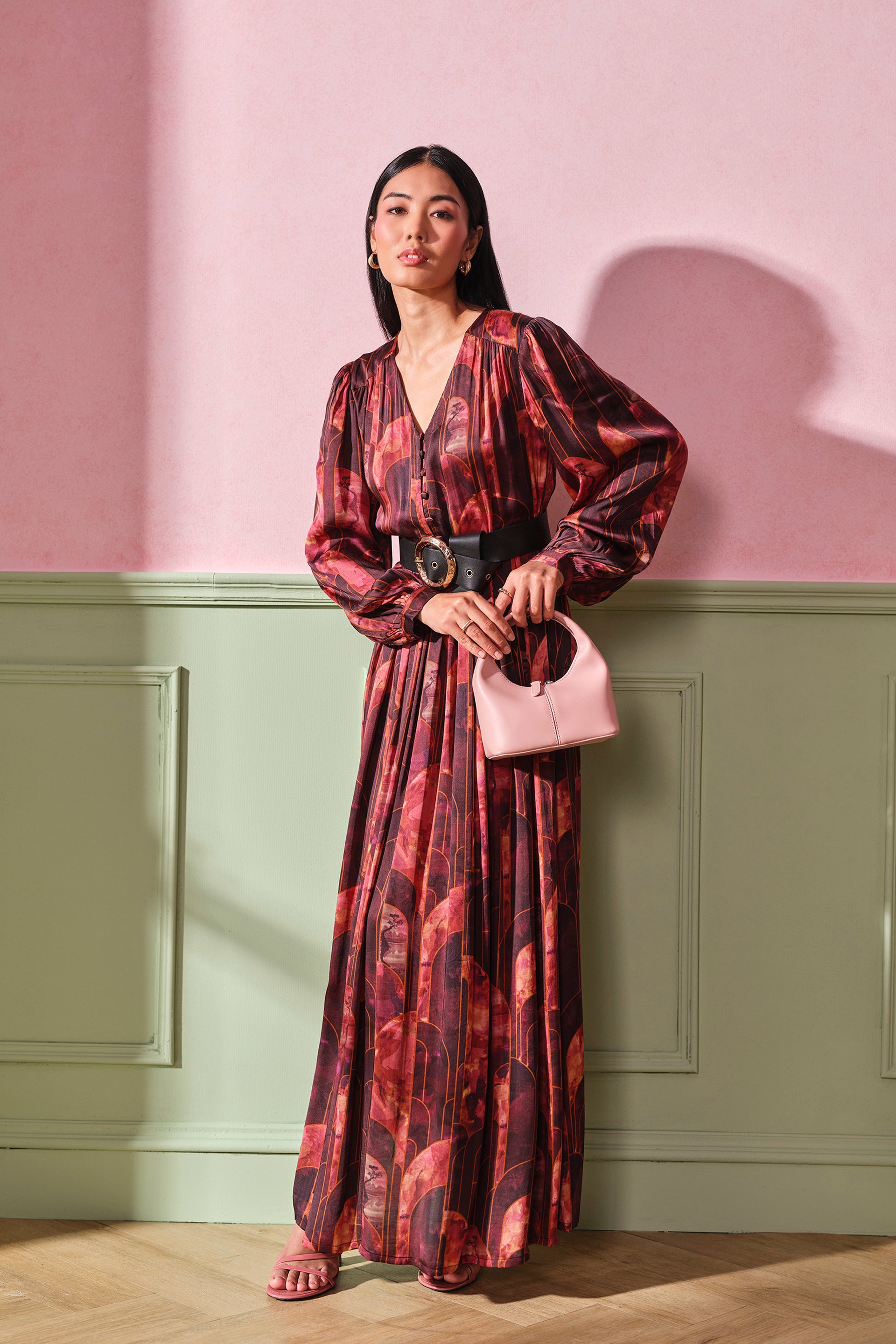 Women's Red Party Regular Fit Printed Full Sleeves Dress