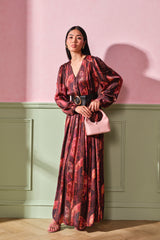 Women's Red Party Regular Fit Printed Full Sleeves Dress