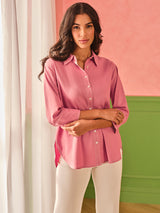Women's Pink Casual Regular Fit Solid Full Sleeves Tops