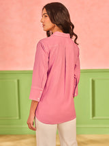 Women's Pink Casual Regular Fit Solid Full Sleeves Tops
