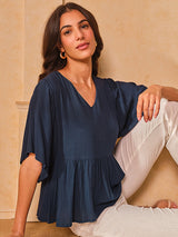 Women's Navy Casual Regular Fit Solid Half Sleeves Tops