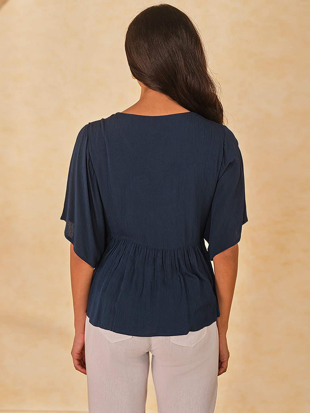 Women's Navy Casual Regular Fit Solid Half Sleeves Tops