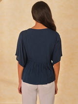 Women's Navy Casual Regular Fit Solid Half Sleeves Tops