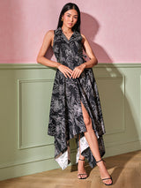 Women's Black Casual Regular Fit Printed Sleeveless Dress