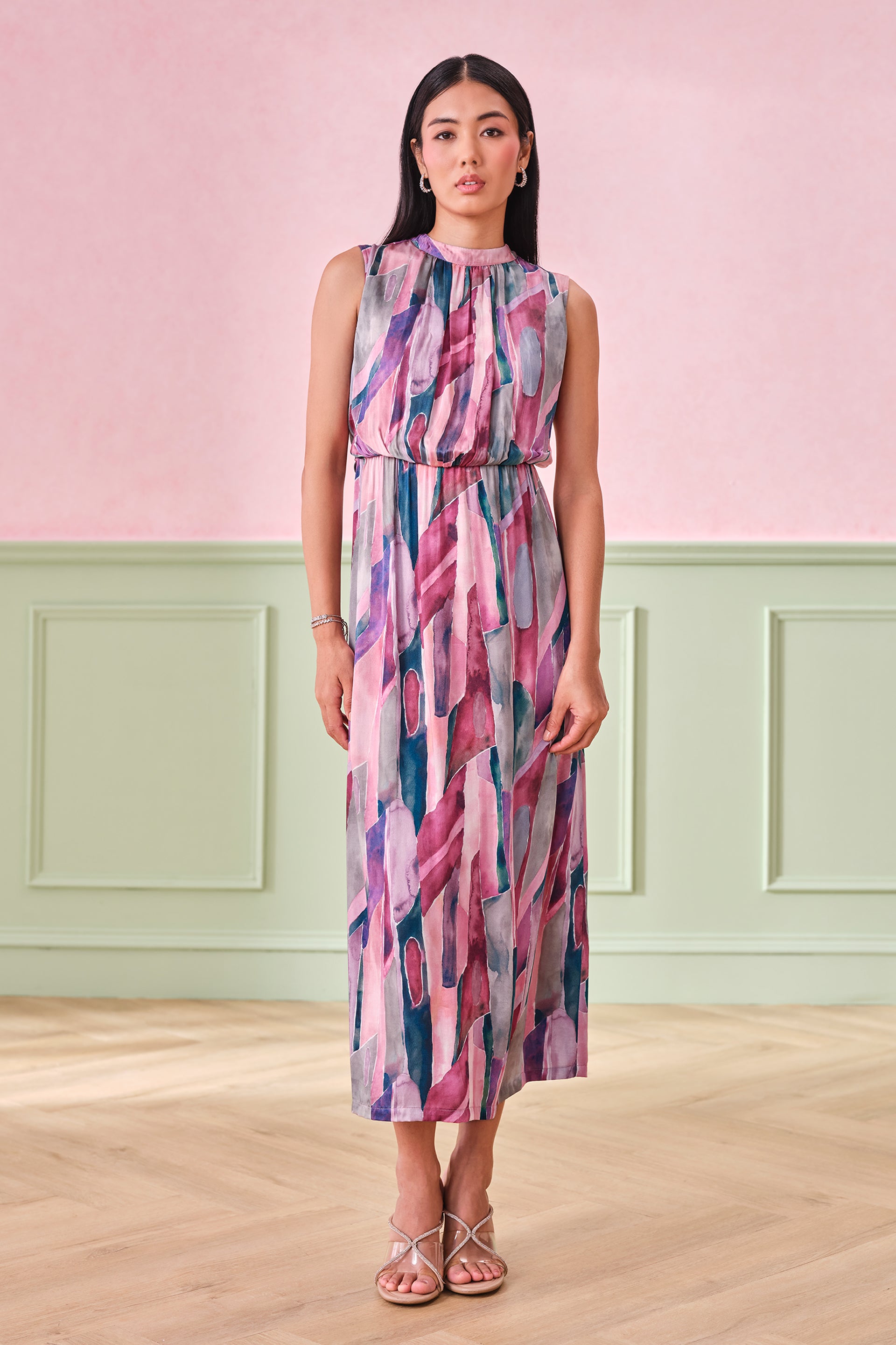 Women's Pink Party Regular Fit Printed Sleeveless Dress