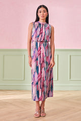Women's Pink Party Regular Fit Printed Sleeveless Dress