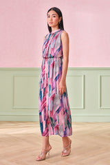 Women's Pink Party Regular Fit Printed Sleeveless Dress