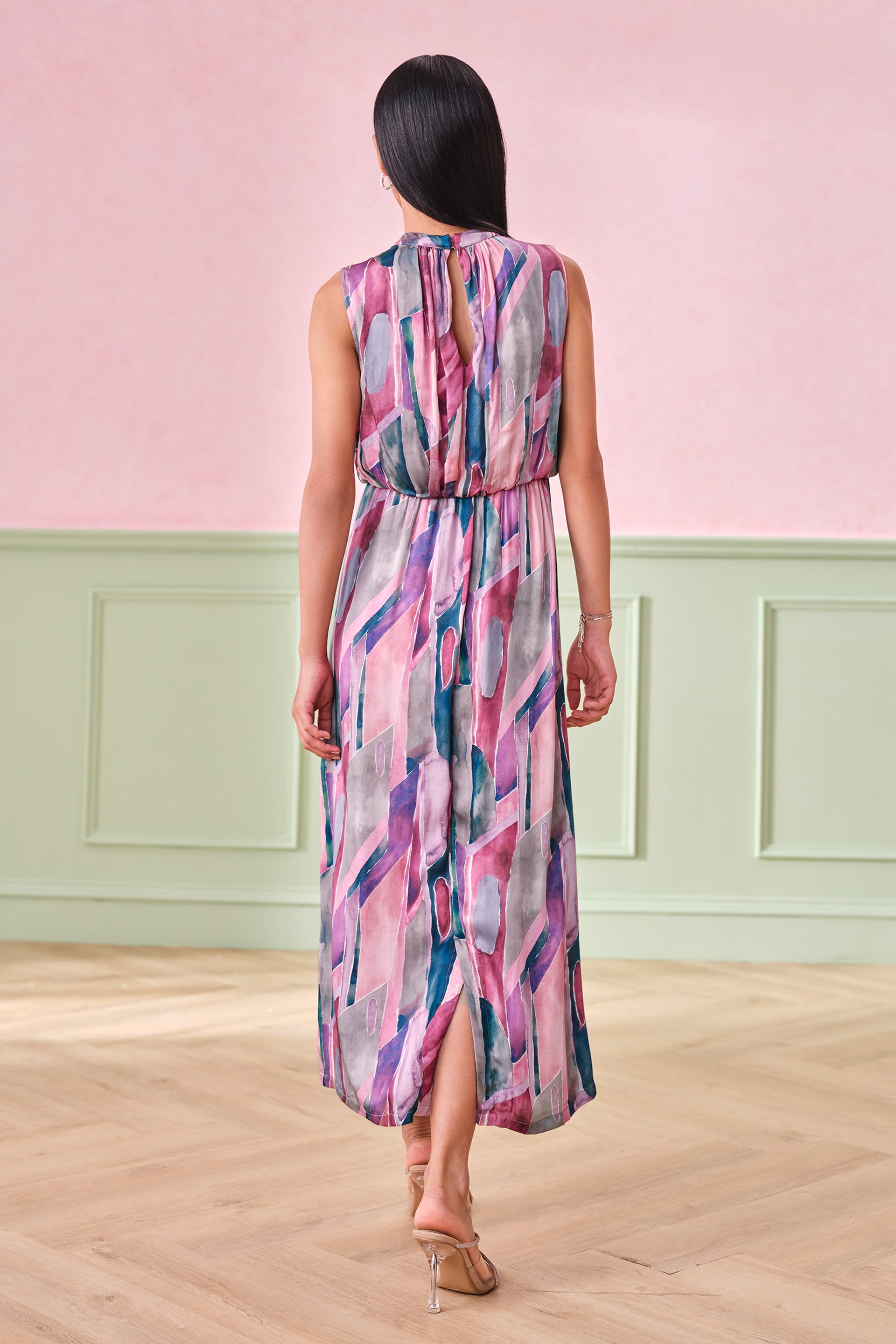 Women's Pink Party Regular Fit Printed Sleeveless Dress