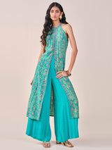 Women's Blue Fusion Printed Sleeveless Kurta Set