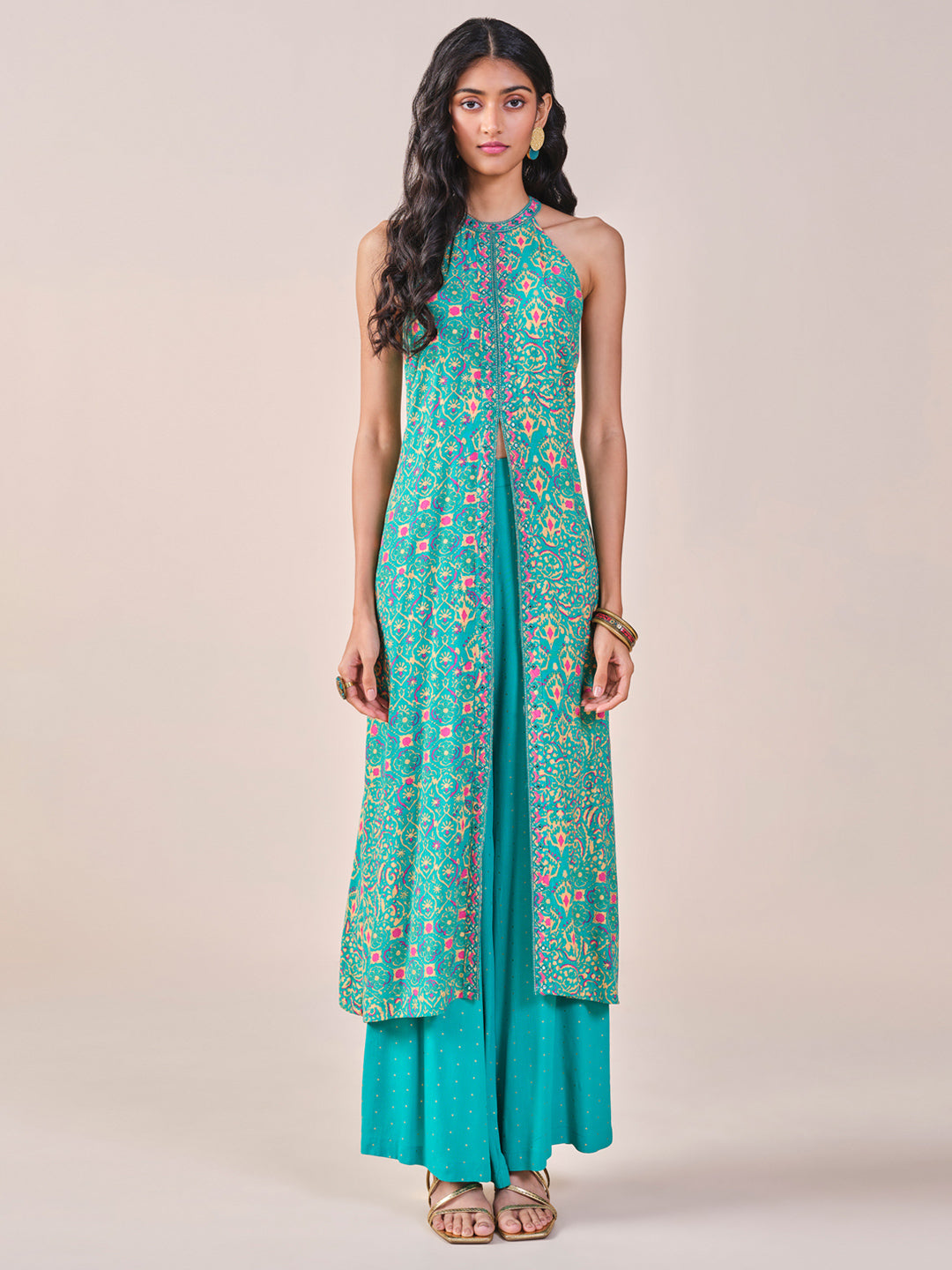 Women's Blue Fusion Printed Sleeveless Kurta Set