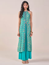 Women's Blue Fusion Printed Sleeveless Kurta Set
