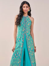 Women's Blue Fusion Printed Sleeveless Kurta Set