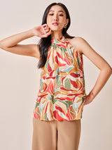 Women's Yellow Casual Regular Fit Printed Sleeveless Tops